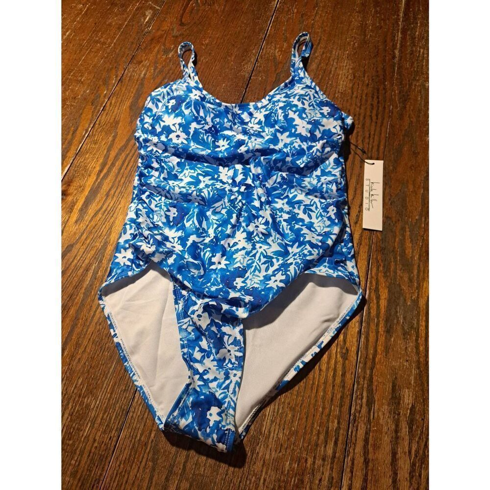 New Large Nicole Miller Blue Water Color Ditsy Print 1pc Swimsuit Bathing Suit